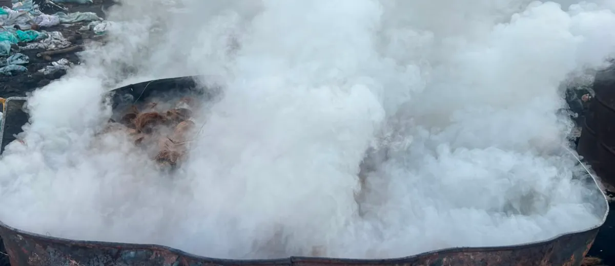 Drum carbonization releasing steam during a controlled burn