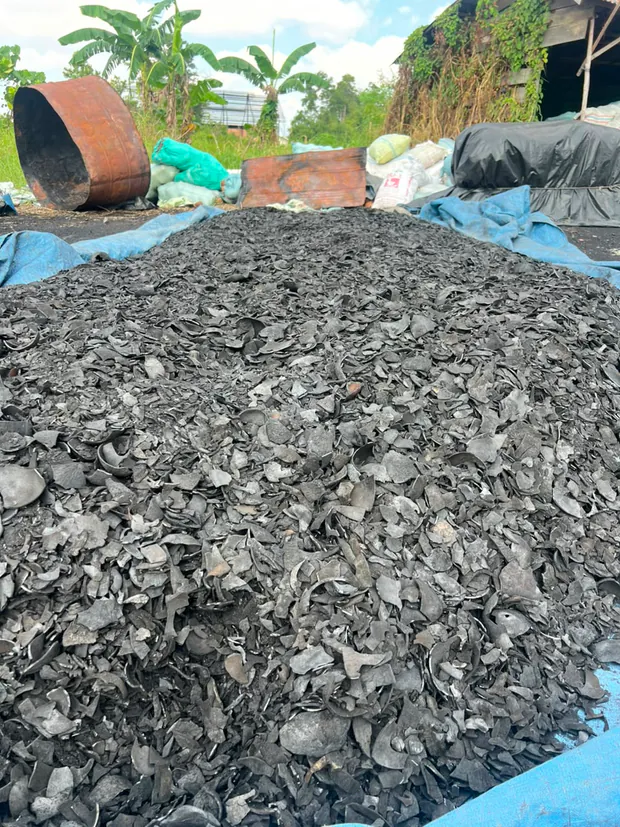 Coconut shell charcoal spread out to sun dry