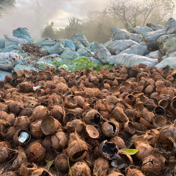 Open yard with coconut shells and bagged supply